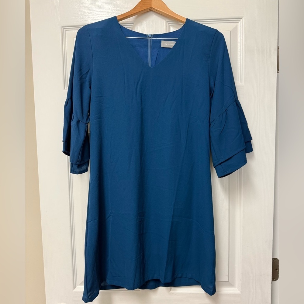 Belongsci NWT Women’s Blue V Neck Bell Sleeve Mini Shift Dress Size S - Picture 2 of 14